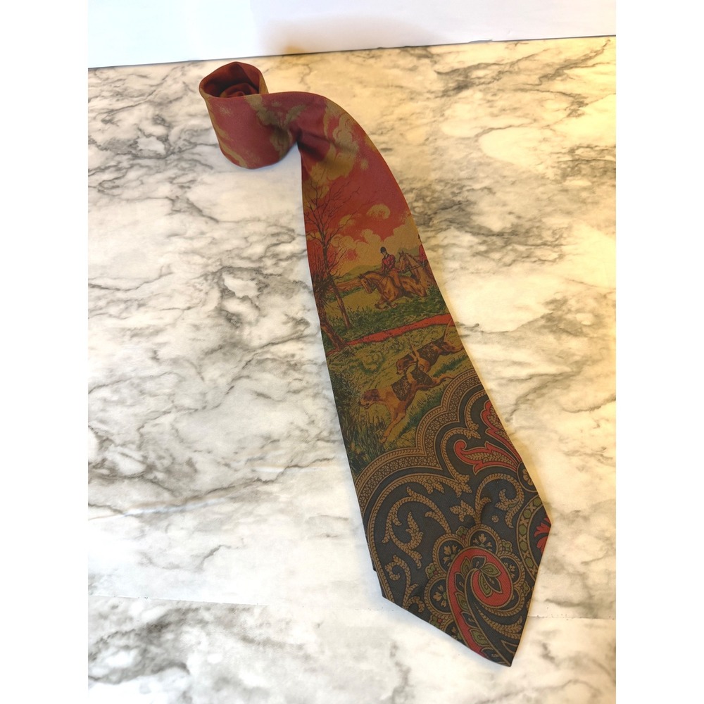 VTG Polo Ralph Lauren Silk Tie Equestrian Fox Hunt Paisley Red Green Mens RARE